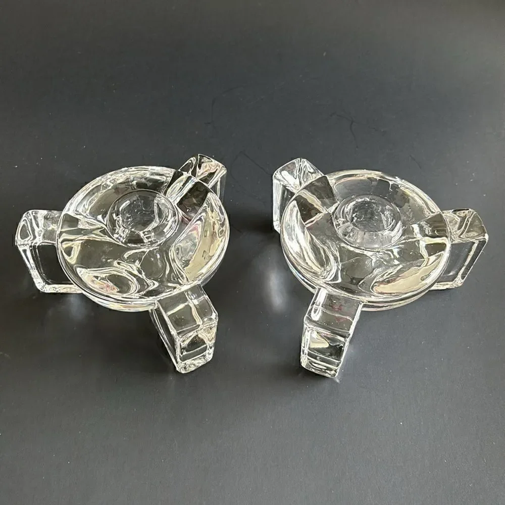 Vintage Heavy Clear Glass 3 Footed Round Candle Holders Set of 2 Art Deco Style